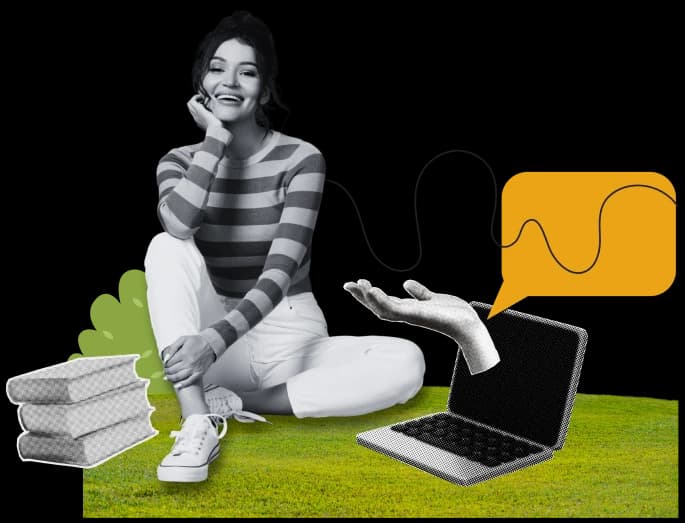 Mulher sentada na grama com alguns livros ao lado