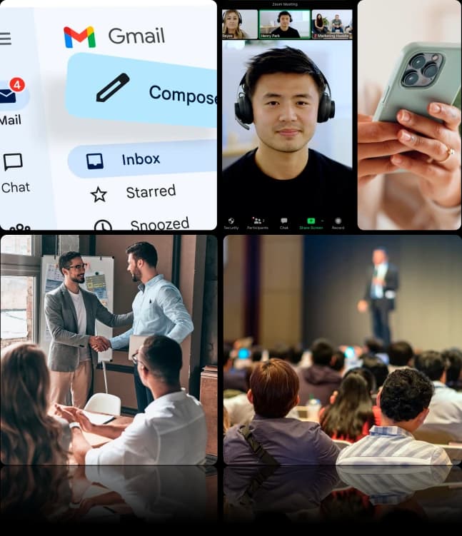 Layout com várias imagens(app gmail, chamada do google meet, pessoas apertando as mãos e uma pessoa usando um celular)